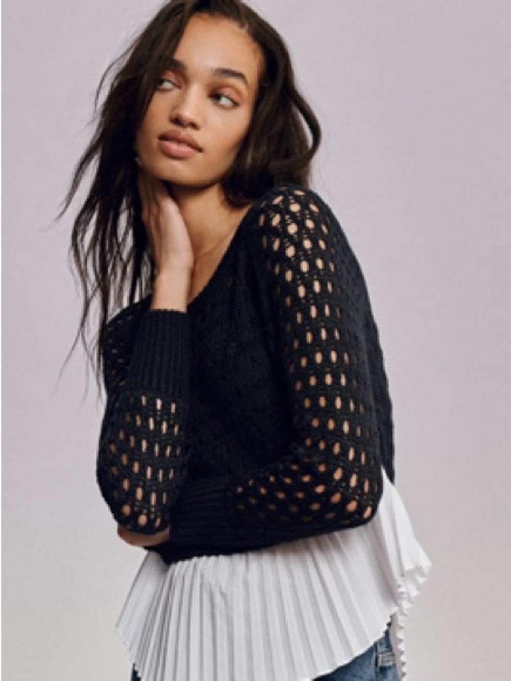 Anthropologie Black Open-Knit Crewneck Sweater with Pleated Hem